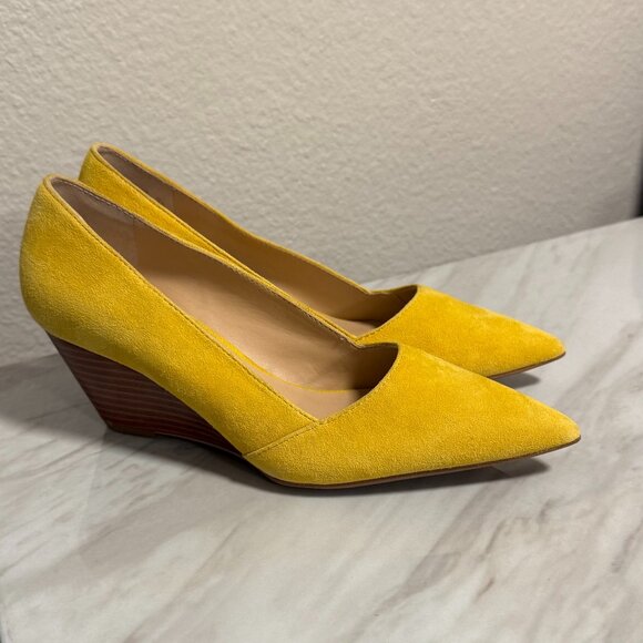Franco Sarto Suede Wedge Wood Heel Pumps, size 7.5, Yellow - Picture 1 of 6
